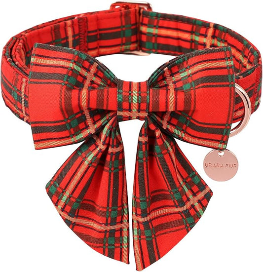 Christmas Dog Collar with Bow Tie, Cotton Christmas Plaid Collar for Medium Girl Boy Dog,Red &Green Plaid Dog Collar Bowtie with Durable Metal Buckle,Adorable Pet Collar,XL,Neck 16-26in