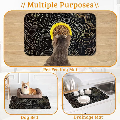 Dog Bowl Mat,Abstract Map Pet Feeding Mat for Floors Waterproof,Golden Lines Texture Absorbent Dogs Placemat for Food and Water Quick Dry Pet Cat Feeding Mats with Non Slip Bottom 16" x 24"