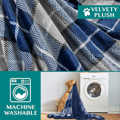 PetAmi Dog Blanket for Bed, XL Pet Blanket Large Dogs, Fleece Furniture Couch Cover Protector Sofa Car Crate Kennel, Soft Sherpa Cat Throw Plush Reversible Washable, Twin 60x80 Plaid Navy Blue