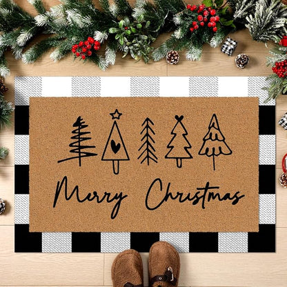 Tinideya 2 Pcs Door Mat Welcome Non Slip Coir Mats Floor Layering Doormats Seasonal for Front Porch Entryway Decor(Christmas)