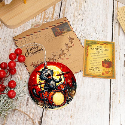 Cat Ornaments for Christmas Tree, Christmas Ornaments 2025, Funny Cat Ornament Playing Drums, Music Lover Gift for Women and Cats Lovers, Unique Funny Christmas Ornaments for Adults Decor