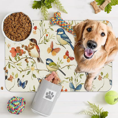 Butterfly Bird Dog Food Mat for Floors,Vintage Nature Absorbent Pet Food and Water Bowl Mats,Non-Slip Pet Feeding Mat,Pet Supplies 16" x 24"