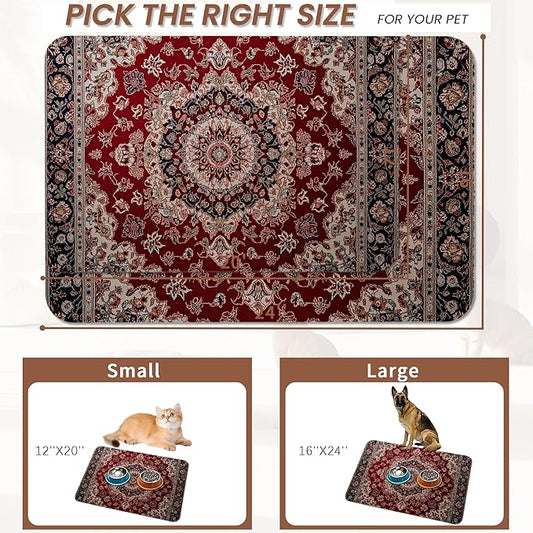 Vintage Carpet Boho Pet Feeding Mat,Absorbent Quick-Dry Cat Dog Food and Water Bowl Mats,Non-Slip Rubber Backing Mat,Cat Dog Accessories Supplies 16"x24"