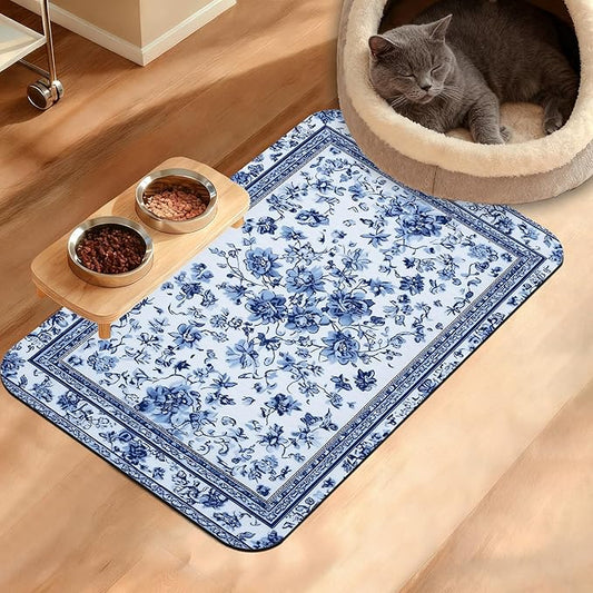 Blue Flower Dog Food Mat,Absorbent Pet Feeding Mat for Food and Water Bowl,Quick Dry Dog Placemat Non Slip Rubber Backing Waterproof Pet Supplies 16" x 24"