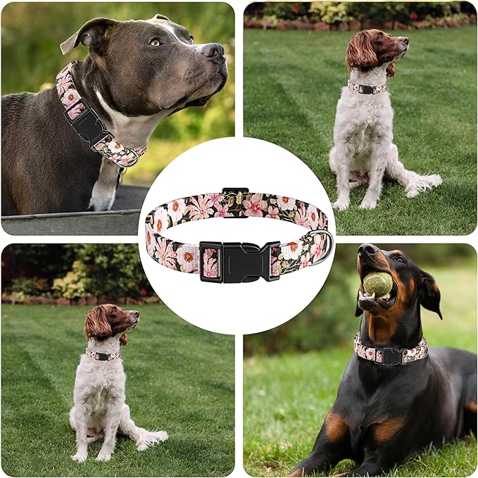 Dog Collar for Boys Girls, Floral Puppy Collar for Small Medium Large Dogs, Adjustable Floral Pattern Soft Pet Collar with Safety Buckle for Male Females(Light Pink,M)