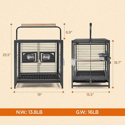 Yaheetech 25.5'' Wrought Iron Bird Travel Carrier Cage Parrot Cage with Handle Wooden Perch & Seed Guard for Small Parrots Canaries Budgies Parrotlets Lovebirds Conures Cockatiels