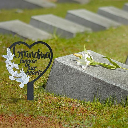 BUoonyer Stake Graves Cemetery Decorations - Grandma Metal Memorial Grave Markers, Grandmother Heart Graveyard Sympathy Plaque, Dove Remembrance Graveside Burial Decor Sign for Outside Yard Garden