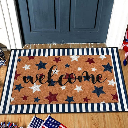 Tinideya 2 Pcs Door Mat Welcome Non Slip Coir Mats Floor Layering Doormats Seasonal for Front Porch Entryway Decor(Patriotic)