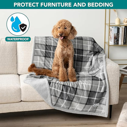 PetAmi Waterproof Dog Blanket for Medium Large Dog Puppy Cat Throw for Couch Cover Leakproof Protection, Sherpa Fleece, Reversible Soft Washable 60x40 Plaid Light Gray