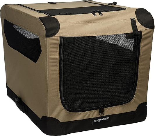 Amazon Basics Portable Folding Soft Dog Crate, 2-Door, Collapsible Travel Kennel, Top & Front Loading, Small 26" x 18" x 18", Tan