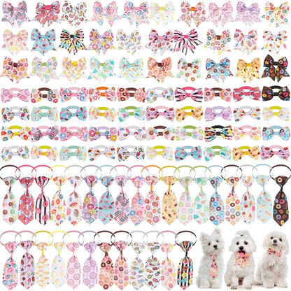 Reginary 100 Pieces Dog Bow Tie Collar Set Include 40 Dog Neckties, and 30 Puppy Bowties, 30 Collar Flowers, Adjustable Pet Ties Grooming for Small Medium Cats Pets Supply(Donut)