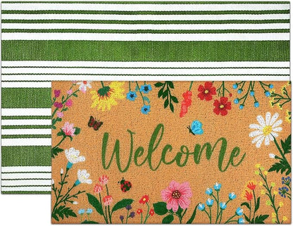 Tinideya 2 Pcs Spring Welcome Door Mat Floral Outdoor Layered Doormats for Front Door Non Slip Wildflower Coir Floor Mat Green White Stripe Rugs for Outside Front Porch Entryway Decor