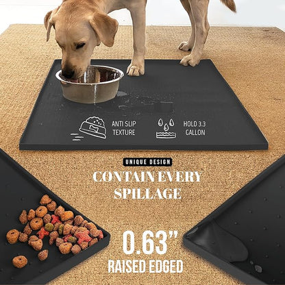 AVERYDAY 100% Waterproof Thicker Silicone Dog Food Mat, 0.63'' Raised Edge Bowl Mat for Food & Water, Non Slip Pet Feeding Placemat for Messy Drinkers, Perfect for Large Medium Small Breeds, 32"x24"