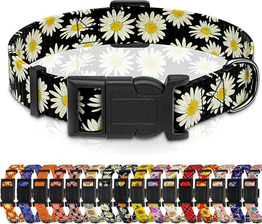 Dog Collar, Daisy Boys Girls Puppy Collar for Small Medium Large Dogs, Adjustable Soft Floral Pet Collar with Safety Buckle for Male Females(Black Daisy,L)