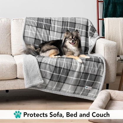 PetAmi Dog Blanket for Medium Large Dogs, Pet Bed Blanket Cat Puppy Kitten, Fleece Furniture Couch Cover Protector Sofa Car, Soft Sherpa Dog Throw Plush Reversible Washable, 40x60 Plaid Light Gray