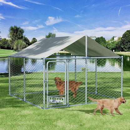 7.5×7.5×5.3 FT Outdoor Dog Kennel with Roof, Dog Enclosure w/Rotating Feeder, Large Heavy Duty Dog Run Playpen w/2 Stainless Bowls, Galvanized Pet House w/Secure Lock, Waterproof Cover (7.5FT)