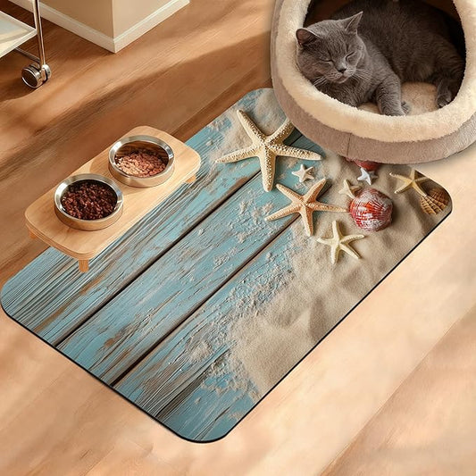 Sand Starfish Dog Cat Food Mat,Wood Board Absorbent Waterproof Placemat for Food and Water Non Slip Rubber Backing Durable Feeding Pad for Clean Floors 16" x 24"
