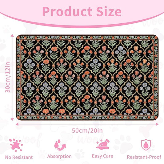 Pet Feeding Mat 20 x 12 Inch, Black Floral Pet Placemat Absorbent Quick-Dry for Food and Water, Waterproof Non Slip Rubber Bowl Pad Mat for Floors