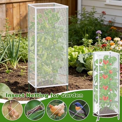 3 Pack 59"x18" Bird Netting Plant Cover for Garden Square Tomato Cages Protection,Insect Bird Barrier Garden Plant Netting Tomato Trellis Protective Cover with Zipper & Drawstring