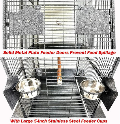 Large Elegant and Durable Wrought Iron Play Ground Perch Stand Top Climbing Ladder Bird Parrot Rolling Metal Cage with Around Seed Guard Storage Shelf On Heavy Duty Lockable Rolling Wheels