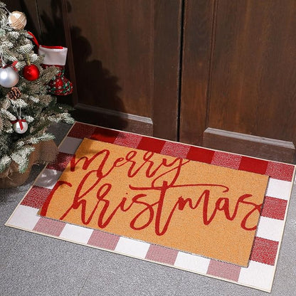 Tinideya 2 Pcs Door Mat Welcome Non Slip Coir Mats Floor Layering Doormats Seasonal for Front Porch Entryway Decor (23.6 x 35.4 Inches, Red White Plaid, Red White)