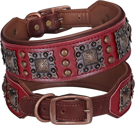 PET ARTIST Upgrade Padded Leather Dog Collar, 2 inch Wide Genuine Leather Dog Collars with Strong Studded Rivet & Metal Buckle, Adjustable Large Dog Collar for Pit Bull Doberman,Red,Neck 19-22"