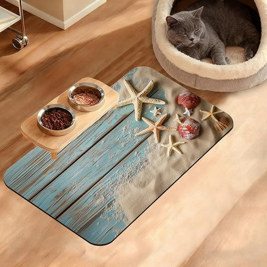 Sand Starfish Dog Cat Food Mat,Wood Board Absorbent Waterproof Placemat for Food and Water Non Slip Rubber Backing Durable Feeding Pad for Clean Floors 12" x 20"