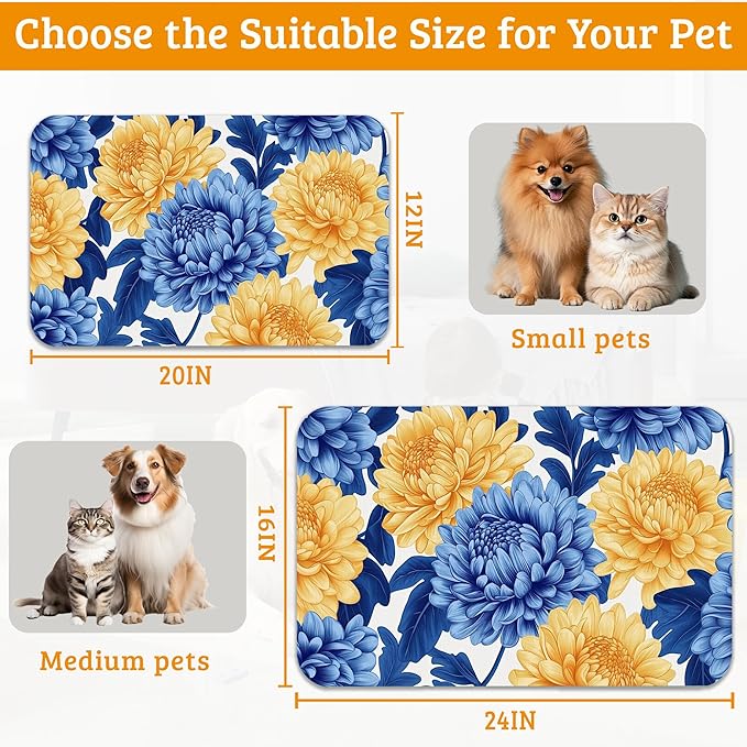 Blue Yellow Flowers Dog Food Mat,Absorbent Pet Feeding Mat for Food and Water Bowl,Quick Dry Dog Placemat Non Slip Rubber Backing Waterproof Pet Supplies 16" x 24"