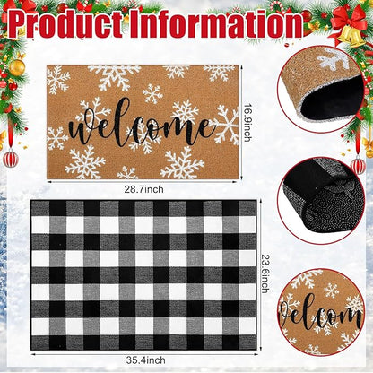 Tinideya 2 Pcs Winter Door Mat Outdoor Snowflake Welcome Mats for Front Door Non Slip Winter Coir Doormat Layering Black White Check Rug for Outside Front Porch Entryway Decor