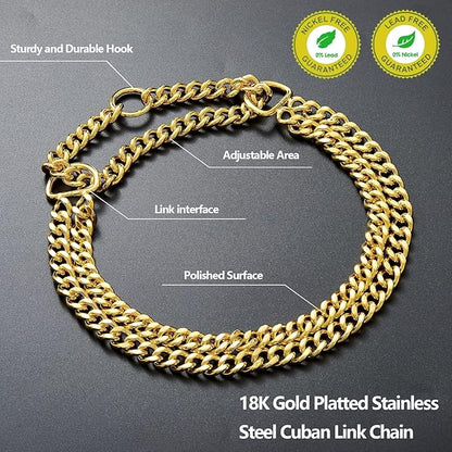 Stainless Steel 18K Gold Dog Chain Collar - Adjustable, Chew Proof, Double Row Cuban Link Collar for Large, Small, Medium Dogs (22"-24")