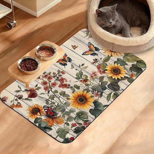 Pet Feeding Mat,Vintage Flower Absorbent Dog Cat Food Mat Rustic Wooden Dog Mat with Rubber Backing,Non-Slip Water Bowl Placemat,Pet Supplies 16" x 24"