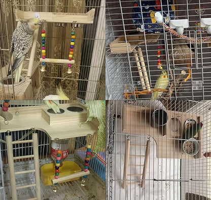 kathson Bird Perches Platform with Climbing Ladder and Swing,Parrot Cage Playground Toys with Food Cups,Parakeet Playing Gyms Wooden Exercise Training Stands for Budgie,Lovebird,Cockatiels