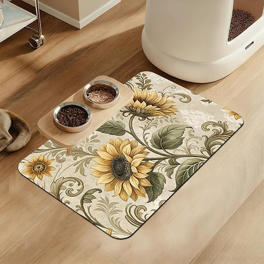 Vintage Sunflower Pet Feeding Mat for Floors–Christmas Stocking Absorbent Quick Dry Dog Cat Bowl Mat for Food and Water, Non Slip Waterproof Base, Mess-Free Feeding Accessories 12"x20"