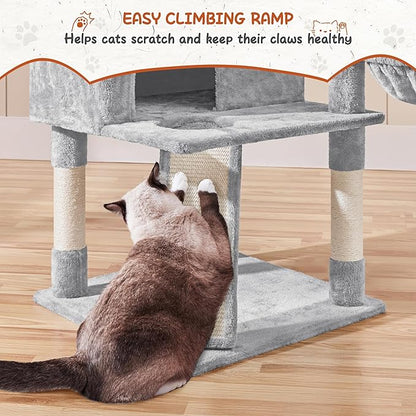 Yaheetech 76.5in Multi-Level Large Cat Tree, Big Cat Tower with 3 Condos, Cozy Plush Perches, 9 Sisal Scratching Posts and Ladder, Activity Center for Large Kitties, Light Gray