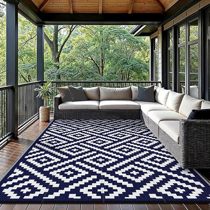GENIMO 5x8 Outdoor Rug Waterproof, Reversible Mats, Area Rug, Plastic Outside Carpet, Geometric Rv Mat for Patio Camping Picnic Backyard Deck Balcony Porch Beach Trailer (Navy Blue & White)