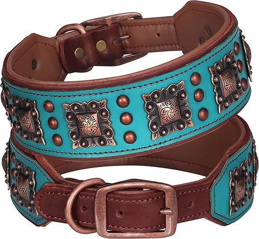 PET ARTIST Upgrade Padded Leather Dog Collar, 2 inch Wide Genuine Leather Dog Collars with Strong Studded Rivet & Metal Buckle, Adjustable Large Dog Collar for Pit Bull Doberman,Green,Neck 19-22"