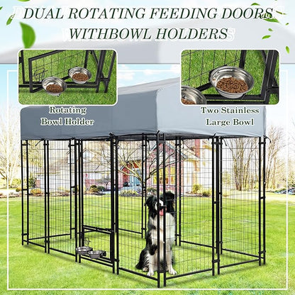 Grepatio Outdoor Dog Kennel for Large Dogs, 8x4x5.7 FT Dog Enclosure with Waterproof, Heavy Duty Welded Wire Steel Dog Playpen Fence with 2 Rotating Dogs Bowls, Outside Dogs Cage Run with Secure Lock