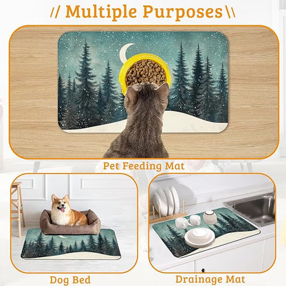 Pet Feeding Mat,Abstract Forest Absorbent Dog Cat Food Mat Moon Dog Mat with Rubber Backing,Non-Slip Water Bowl Placemat,Pet Supplies 12" x 20"
