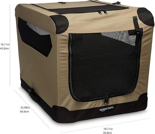 Amazon Basics Portable Folding Soft Dog Crate, 2-Door, Collapsible Travel Kennel, Top & Front Loading, Small 26" x 18" x 18", Tan
