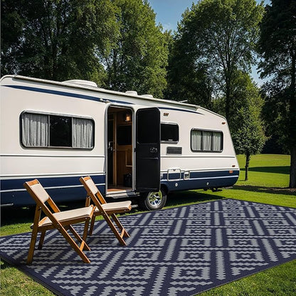 GENIMO Outdoor Rug for Patio Clearance, 10'x14' Waterproof Camping Mat, Reversible Plastic Straw Rugs for RV, Camper, Balcony, Backyard, Picnic, Deck (Blue & Grey)