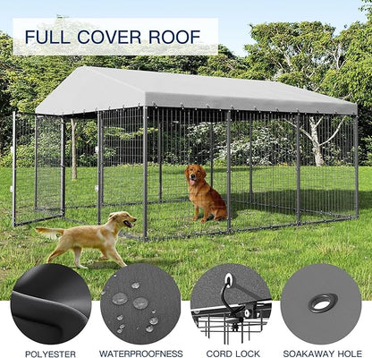 Kullavik 10x10x6 FT Large Outdoor Dog Kennel,Anti-Rust Galvanized Steel Dog Pen with Double Locks,Heavy Duty Dog Enclosure Fence with UV & Water Resistant Roof Cover for Outside