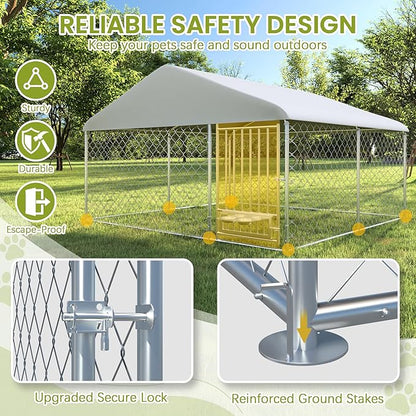 10FT x 10FT Outdoor Dog Kennel with Roof, Outside Dog Run Fence with Rotated Dog Bowls, Large Dog House Pen Enclosure with Secure Lock&Textilene Door
