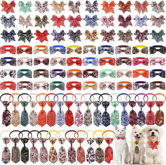 Reginary 100 Pieces Dog Bow Tie Collar Set Include 40 Dog Neckties, and 30 Puppy Bowties, 30 Collar Flowers, Adjustable Pet Ties Grooming for Small Medium Cats Pets Supply (Paisley)