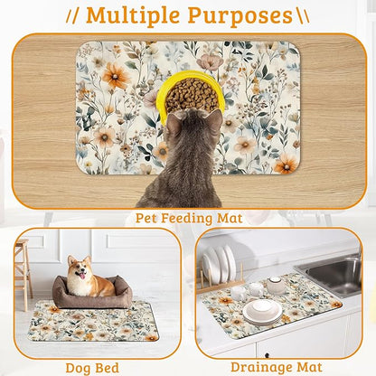 Vintage Flowers Dog Cat Food Mat,Herbs Absorbent Waterproof Placemat for Food and Water Non Slip Rubber Backing Durable Feeding Pad for Clean Floors 16" x 24"