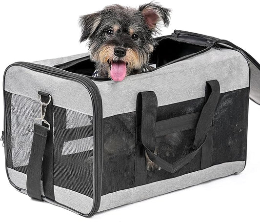 Dog Carrier Soft Sided, Large Cat Carrier with Inner Safety Leash, Pet Transport Carrier for Large Cats and Medium Dogs up to 20 Lbs, Collapsible Travel Puppy Carrier Bag -Gray L