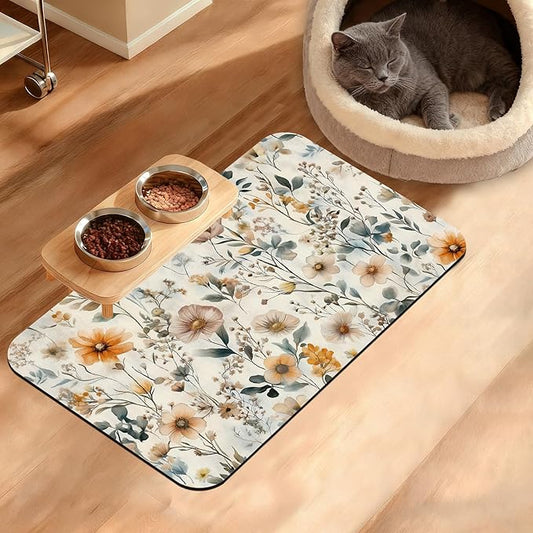 Vintage Flowers Dog Cat Food Mat,Herbs Absorbent Waterproof Placemat for Food and Water Non Slip Rubber Backing Durable Feeding Pad for Clean Floors 12" x 20"