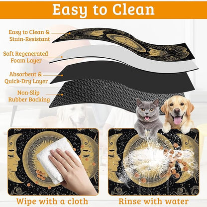 Dog Bowl Mat,Moon Sun Pet Feeding Mat for Floors Waterproof,Boho Vintage Absorbent Dogs Placemat for Food and Water Quick Dry Pet Cat Feeding Mats with Non Slip Bottom 12" x 20"
