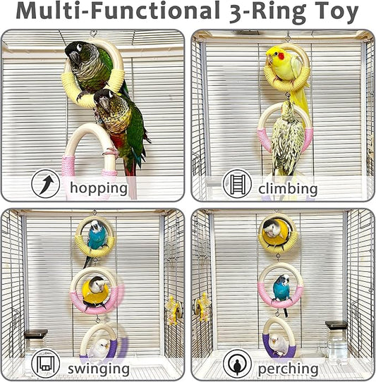 3-Ring Bird Swing Toy, Wrapped with Cotton Rope for Parrots Soft Grip, Thick Wood Parakeet Swing Perch for Cage, Hanging Climbing Bird Toys for 2-3 Parrots Budgies, Lovebirds, Cockatiels