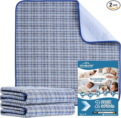 OUTCREATOR® Washable Bed Pads 34" x 76" (Pack of 2) for Incontinence Mattress Protector, Reusable Underpads for Elderly, Adults, Kids, Pets with Anti-Slip Bottom (Light Blue Plaid)