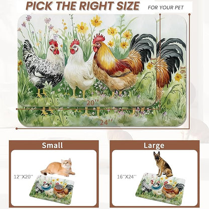 Chicken Rooster Dog Food Mat for Floors,Farm FlowerAbsorbent Pet Food and Water Bowl Mats,Non-Slip Pet Feeding Mat,Pet Supplies 16" x 24"